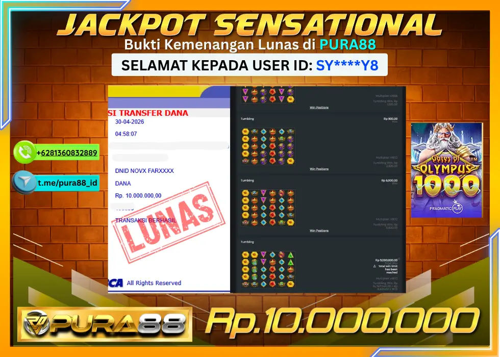 PURA88 JACKPOT GATES OF OLYMPUS 1000 Rp 10.000.000,- LUNAS